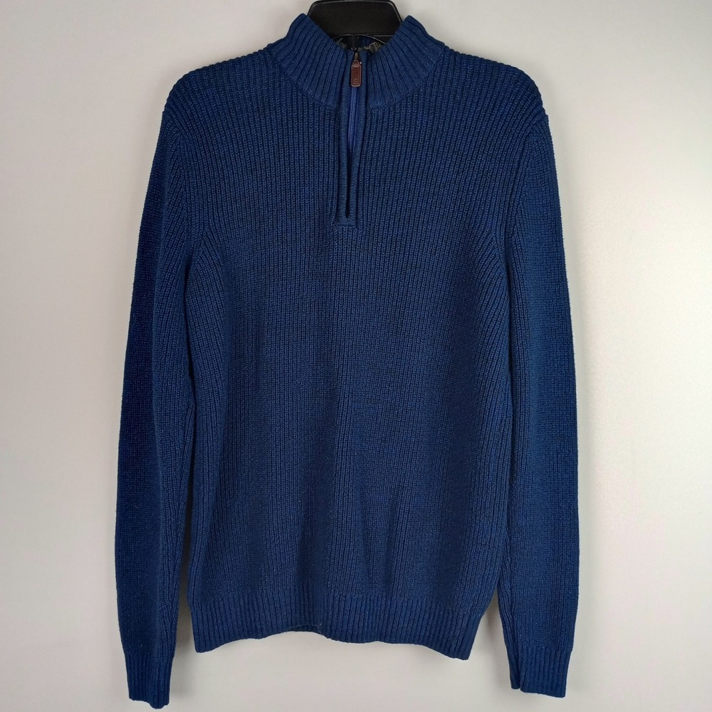 IZOD Mens M Blue Faux Fur Lined Quarter Zip Ribbed Knit Pullover Sweater